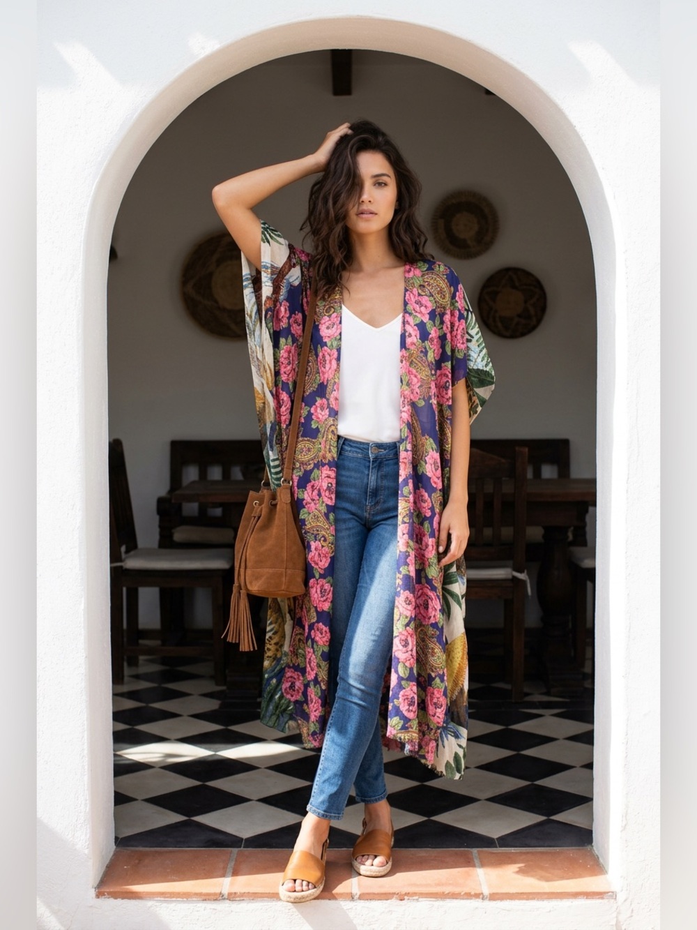 Aratta Mixed Print Long Kimono Duster Tropical Leopard Bird Floral Boho OS